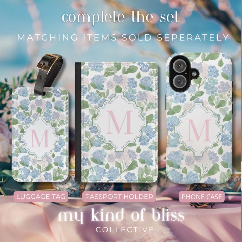 Matching accessories promo
Matching personalized hydrangea accessories including luggage tag, passport holder, and phone case in preppy floral design