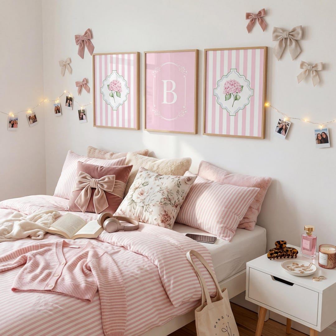 Pink Hydrangea Wall Art Set of 3 Custom Monogram Initial Preppy ...