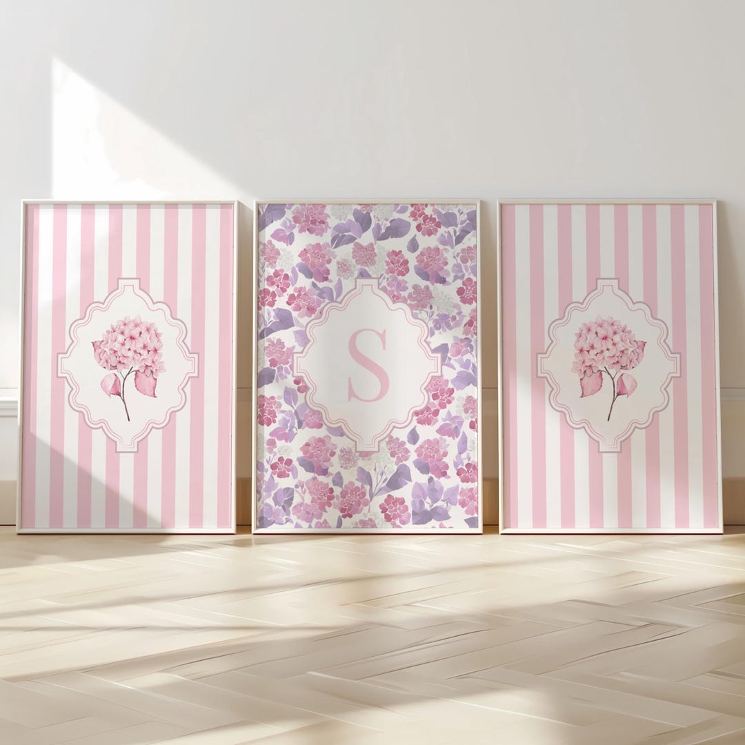 Pink Hydrangea Nursery Print Set Custom Initial Digital Download ...