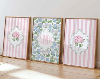 Personalized 3 Letter Monogram Prints Hydrangea Wall Art Set Pink Blue Green Preppy Coquette Nursery Dorm Bedroom Custom Art Grandmillennial