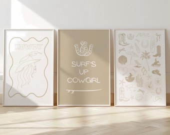 Beige Küsten Cowgirl Druck-Set Western Strand Wand Kunst Digital Download Girly Preppy Wohnheim Dekor Teen Geschenk Surf Cowgirl Poster