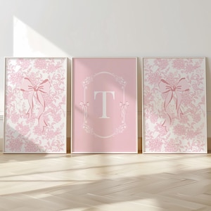 Pink Chinoiserie Custom Letter Print Set of 3 Printable Toile Bow Nursery Art Girls Coquette Monogram Print Grand Millennial Preppy Dorm Art