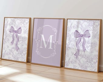 Set di lettere personalizzate con fiocco in tela viola, monogramma cinese, stampabile, arte per la cameretta delle bambine, poster Grand Millennial con ortensie floreali