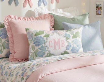 Personalized Pillow Teen Girl Dorm Decor Hydrangea Floral Monogram Lumbar Cushion Girls Preppy Custom Name Pillow for Bed Grandmillennial
