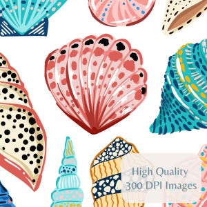 May include: A repeating pattern of colourful seashells in pink, blue, and cream on a white backdrop. The image includes text that reads "High Quality 300 DPI Images". The design is suitable for coastal or beach-themed products.