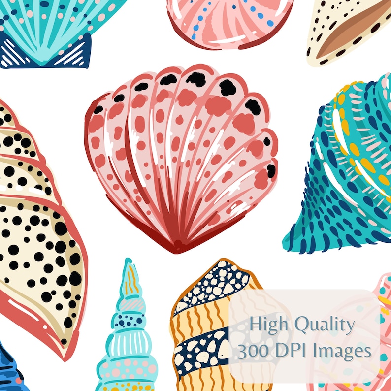May include: A repeating pattern of colourful seashells in pink, blue, and cream on a white backdrop. The image includes text that reads "High Quality 300 DPI Images". The design is suitable for coastal or beach-themed products.