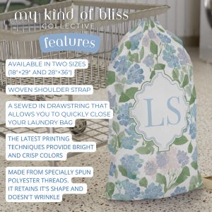 Personalized floral laundry bag features including drawstring closure, shoulder strap, durable polyester, and two size options