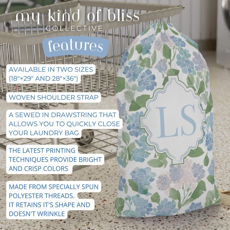 Personalized floral laundry bag features including drawstring closure, shoulder strap, durable polyester, and two size options