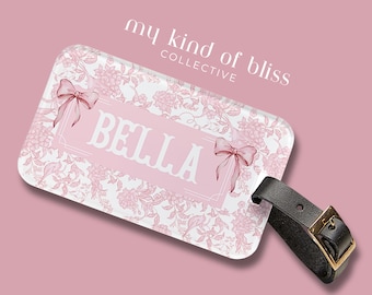 Pink Toile Custom Luggage Tag Coquette Bows Travel Accessory Personalized Bridesmaid Favor Cute Girls Trip Gift Preppy Chinoiserie Bag Tag