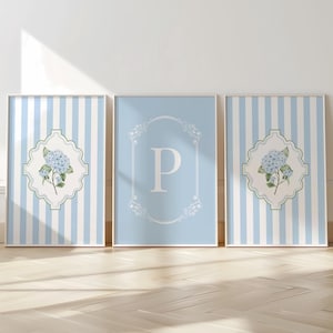 May include: Three framed art prints. The prints feature a light blue and white striped background. Two prints have a floral design in a white frame. The center print has the letter "P" in a white frame. The frames are on a light wood floor.