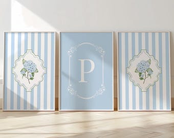 Light Blue Monogram Hydrangea Print Set of 3 Grand Millennial Custom Letter Printable Botanical Initial Art Preppy Bedroom Posters Feminine