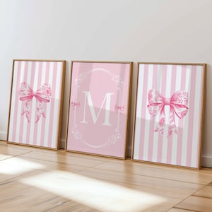 Custom Letter Print Set of 3 Pink Bow Chinoiserie Wall Art Toile Coquette Room Decor Girls Nursery Printable Monogram Poster Personalized