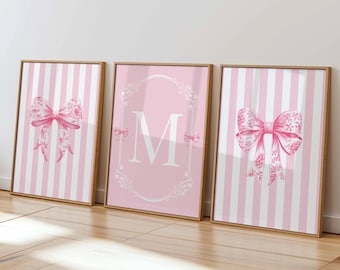 Pink Bow Wall Art Set Coquette Room Decor Preppy Dorm Wall Art Custom Monogram Print Teen Girl Bedroom Grandmillennial Art Baby Girl Nursery