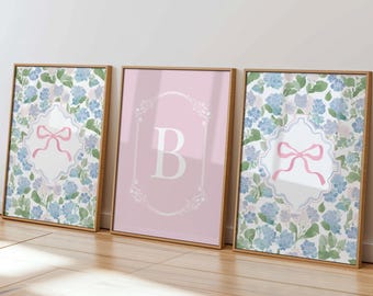 Hydrangea Set of 3 Custom Letter Prints Pastel Bow Poster Printable Monogram Girls Nursery Initial Wall Art Grand Millennial Pink Blue Green