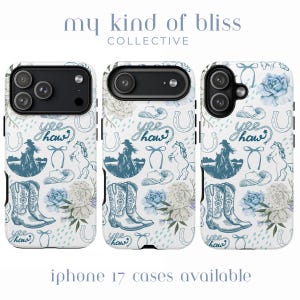May include: White iPhone cases with a blue and white Western-themed pattern. The design includes cowboy boots, horseshoes, cowboy hats, and floral accents. The text "Yee Haw" is also featured.