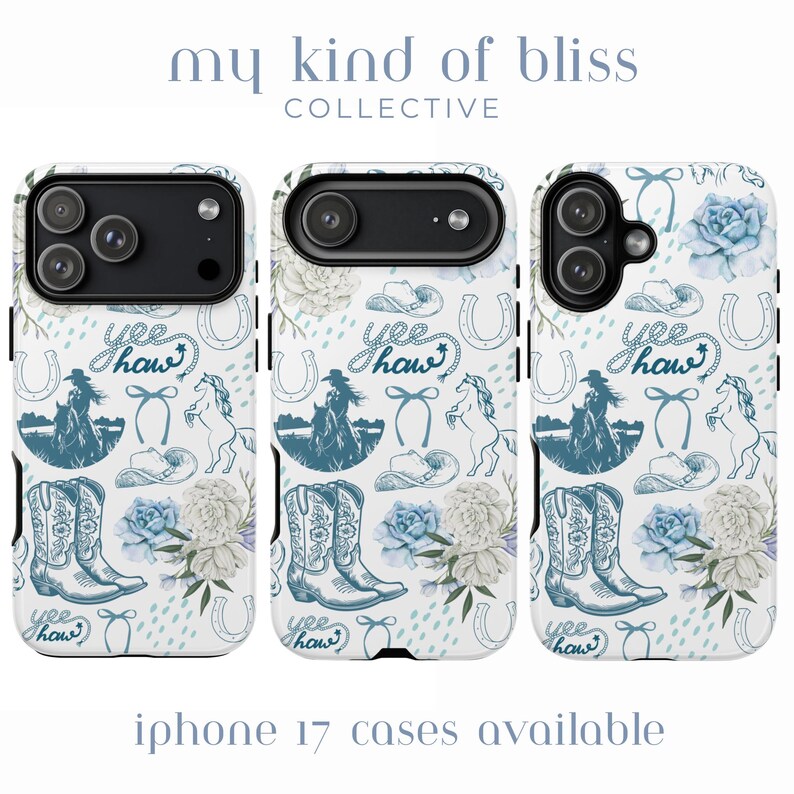 May include: White iPhone cases with a blue and white Western-themed pattern. The design includes cowboy boots, horseshoes, cowboy hats, and floral accents. The text "Yee Haw" is also featured.