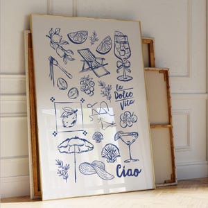 Włoski letni nadruk modny Positano Amalfi plakat podróżniczy Preppy uroczy do wydrukowania Ciao śródziemnomorska sztuka plażowy kolaż cytryny Aperol Spritz