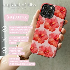 This phone case features a tropical collage pattern of red watercolour hibiscus flowers on a soft pink background. Perfect for coconut girls and beach lovers. Available for iPhone, Samsung and Pixel Phones.