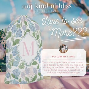 May include: A drawstring bag with a floral pattern in shades of blue and green, featuring a pink letter "M" inside a white frame. The text "Love to see More???" is written in cursive. The image also includes the text "FOLLOW MY STORE".
