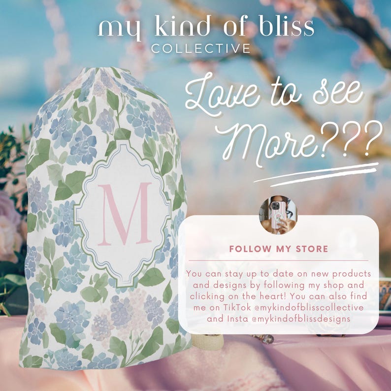 May include: A drawstring bag with a floral pattern in shades of blue and green, featuring a pink letter "M" inside a white frame. The text "Love to see More???" is written in cursive. The image also includes the text "FOLLOW MY STORE".