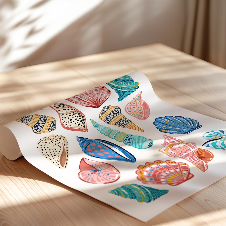 Featured here is my Colorful Seashell Digital Print. It features a collage of colourful hand illustrated seashells with bold patterns on a white background. Perfect for coconut girls, beach lovers, bar carts, kitchens, dorms, bedrooms, roommate gifts