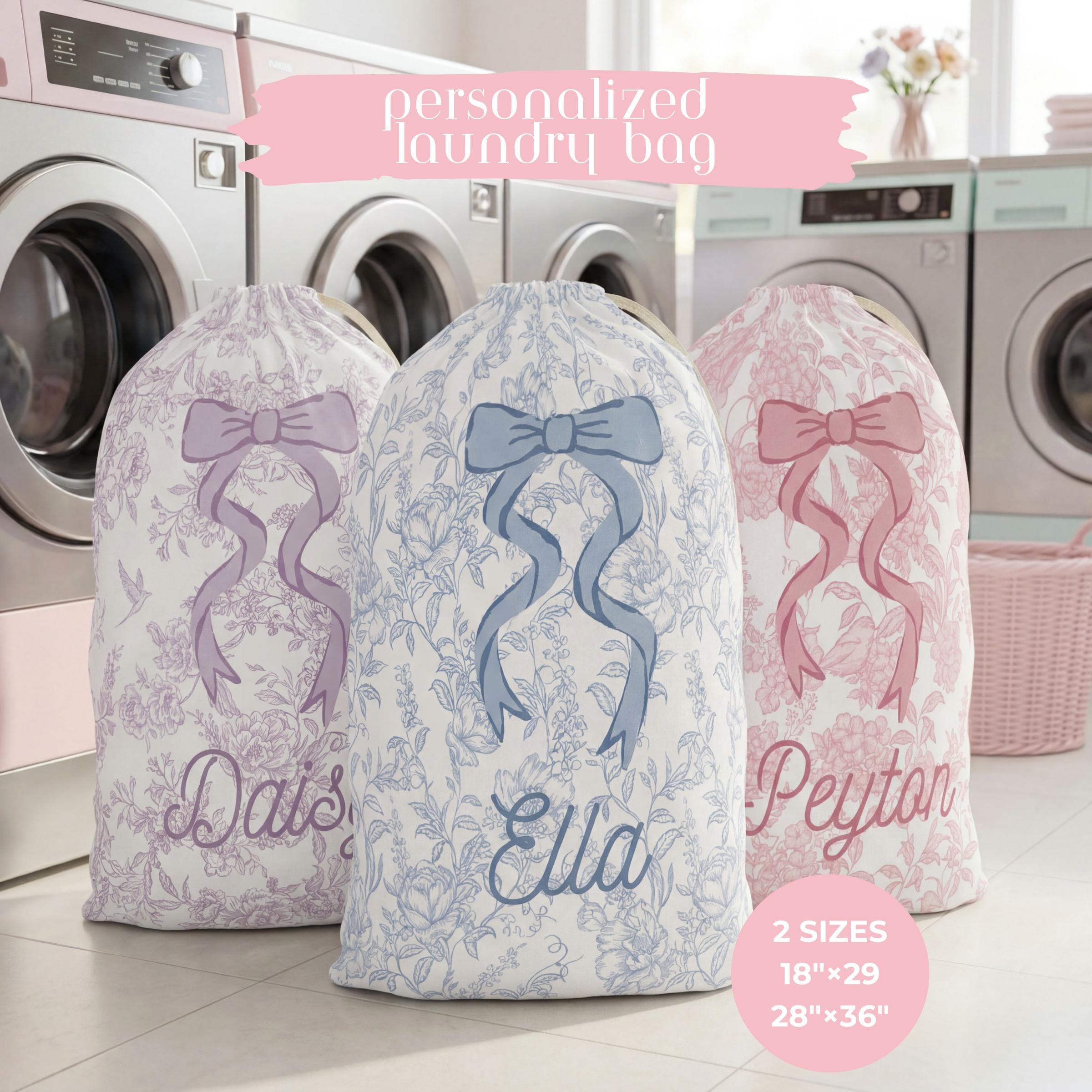 Girls Personalized Laundry Bag Custom Name Toile Laundry Bag Coquette Bow Dorm Gift Travel Laundry Bag Summer Camp Bag College Move In Gift