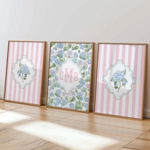 Personalized 3 Letter Monogram Wall Art Set of 3 Blue Hydrangea Prints Custom Initial Girls Bedroom Decor Nursery Wall Art Grandmillennial