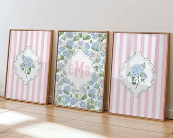 Personalized 3 Letter Monogram Wall Art Set of 3 Blue Hydrangea Prints Custom Initial Girls Bedroom Decor Nursery Wall Art Grandmillennial