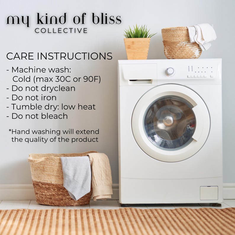 May include: A white washing machine with a round door is the focal point. The text "my kind of bliss COLLECTIVE" and care instructions are visible. Woven baskets and a small plant in a wooden pot sit on top of the machine.