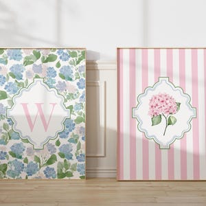 Girly Hydrangea Print Set Custom Letter Wall Art Grand Millennial Printable Personalized Botanical Poster Cottagecore Prints Pink Blue Green