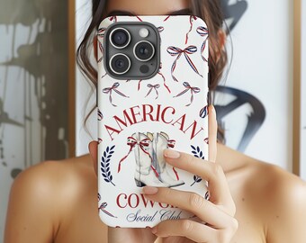 Americana Cowgirl Phone Case Coquette Western Bow iPhone Case Cute Country Girl Cell Cover Summer Rodeo Aesthetic Red White Blue July 4th