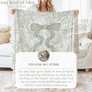 My Personalized Sage Green Bow Toile Name Blanket features a classic olive toile print with delicate flowers and birds on a crisp white background, topped with a big coquette-style bow and your custom name in an elegant script below. Soft feminine and beautifully detailed, it’s perfect for babies, kids, teens and adults. Great for sleepover favors, hospital or coming-home blankets, announcement photos, dorm rooms, teen bedrooms, Christmas, birthdays, sisters, newborn keepsakes and new parents