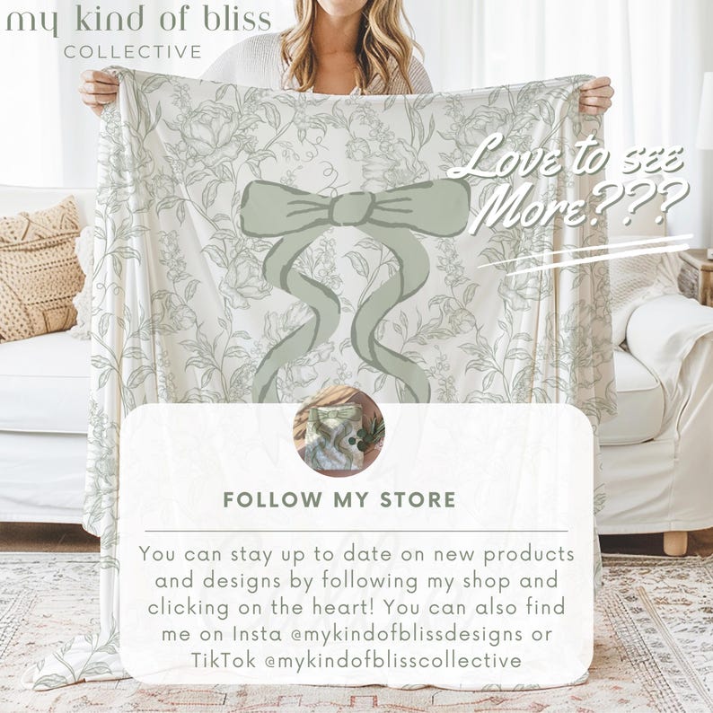 My Personalized Sage Green Bow Toile Name Blanket features a classic olive toile print with delicate flowers and birds on a crisp white background, topped with a big coquette-style bow and your custom name in an elegant script below. Soft feminine and beautifully detailed, it’s perfect for babies, kids, teens and adults. Great for sleepover favors, hospital or coming-home blankets, announcement photos, dorm rooms, teen bedrooms, Christmas, birthdays, sisters, newborn keepsakes and new parents