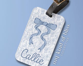 Blue Toile Bow Luggage Tag Custom Name Floral Coquette Travel Accessory Personalized Wedding Favor Cute Girls Trip Gift Preppy Chinoiserie