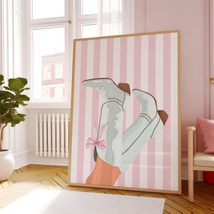Botas de vaquera coqueta con estampado de vaquera preppy rosa, decoración de habitación con lazo bonito, arte de pared moderno, póster para dormitorio de niña, regalo estético country western