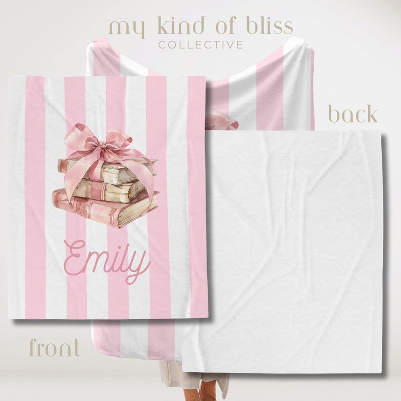 My Custom Name Book Lover Coquette Blanket. Featuring a pink and white striped background with a watercolor book stack wrapped in a bow, this plush blanket is as cozy as it is cute. Add your custom name underneath for a personalized, preppy, coquette touch. Perfect for book lovers, girls bedrooms, baby showers, newborns, or a stylish preppy touch to dorm