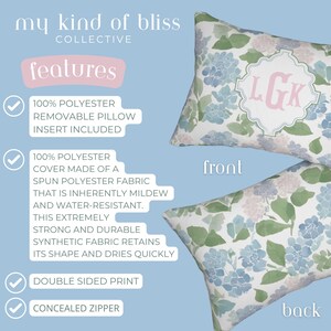 Hydrangea lumbar pillow product features including removable pillow insert, concealed zipper, durable polyester fabric, and double-sided print.