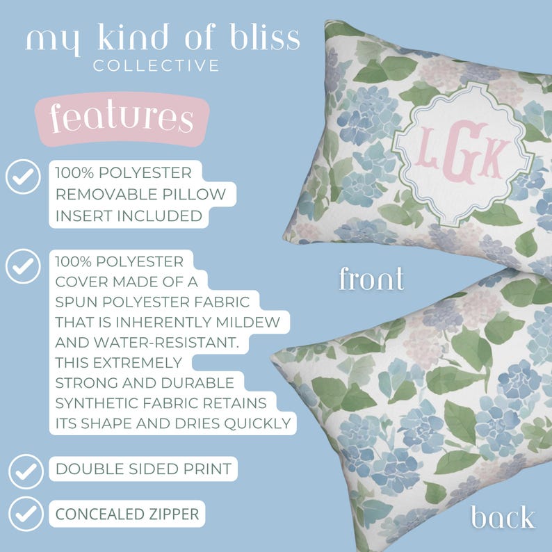 Hydrangea lumbar pillow product features including removable pillow insert, concealed zipper, durable polyester fabric, and double-sided print.