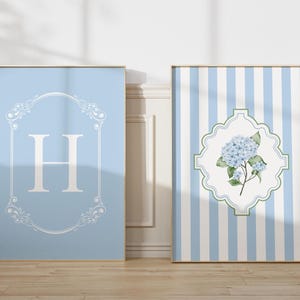 Girly Blue Monogram Print Hydrangea Set of 2 Grand Millennial Custom Letter Printable Botanical Feminine Initial Wall Art Preppy Girls Room