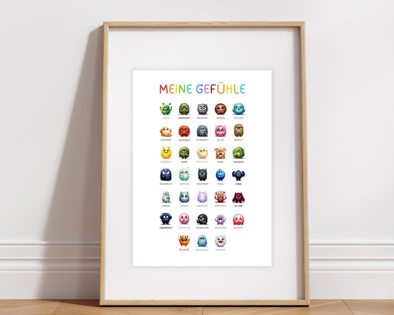 May include: A colorful poster with the title "Meine Gef&uuml;hle" (My Feelings) in German. It features a grid of 36 cartoon monsters, each representing a different emotion. The monsters are drawn in a variety of colors and styles, with each one having a unique expression.