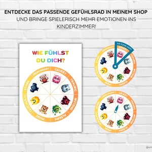 May include: A colorful wheel with different emotions, such as happy, sad, angry, and scared. The wheel is labeled "Wie f&uuml;hlst du dich?" which translates to "How do you feel?" in English. This is a great tool for helping children learn about and express their emotions.