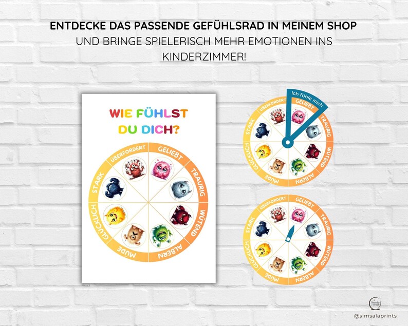 May include: A colorful wheel with different emotions, such as happy, sad, angry, and scared. The wheel is labeled "Wie f&uuml;hlst du dich?" which translates to "How do you feel?" in English. This is a great tool for helping children learn about and express their emotions.