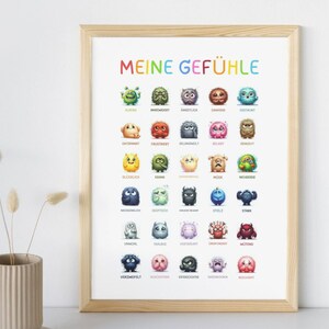 May include: A colorful chart with the title "Meine Gef&uuml;hle" (My Feelings) featuring cartoon monsters representing different emotions. Each monster has a name and a corresponding emotion written below it.
