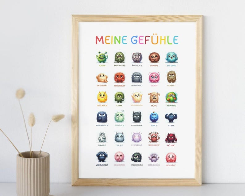 May include: A colorful chart with the title "Meine Gef&uuml;hle" (My Feelings) featuring cartoon monsters representing different emotions. Each monster has a name and a corresponding emotion written below it.