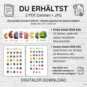 May include: A digital download of two PDF files and a JPG file featuring colorful monster illustrations. The files include 33 pages with individual monsters and two pages with 30-33 monsters representing different emotions. The files are in DIN AO format, which is 84.1 cm x 118.9 cm.