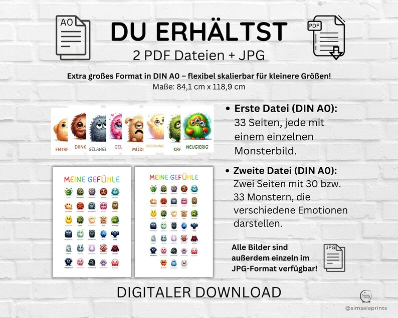 May include: A digital download of two PDF files and a JPG file featuring colorful monster illustrations. The files include 33 pages with individual monsters and two pages with 30-33 monsters representing different emotions. The files are in DIN AO format, which is 84.1 cm x 118.9 cm.