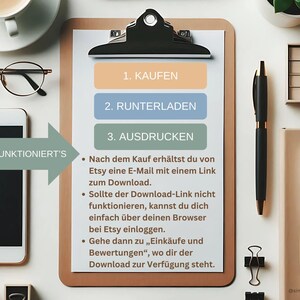 May include: A checklist on a clipboard with three steps: 1. Buy, 2. Download, 3. Print. The checklist is on a white background with a green arrow pointing to the text "So funktioniert's".