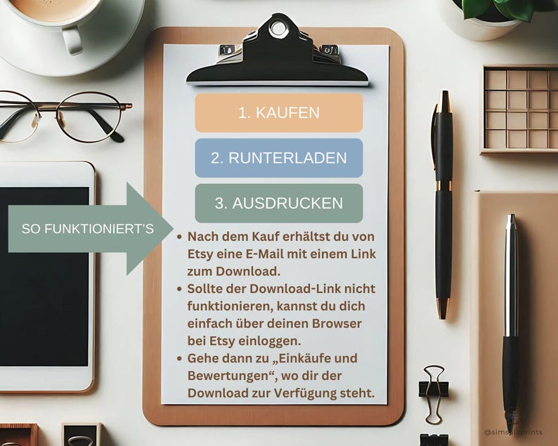 May include: A checklist on a clipboard with three steps: 1. Buy, 2. Download, 3. Print. The checklist is on a white background with a green arrow pointing to the text "So funktioniert's".