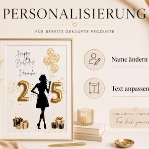 Könnte beinhalten: Ein gerahmter Druck mit der Silhouette einer gekrönten Person, die goldene Luftballons hält, dazu die Zahl 25 als Goldballons, Geschenke und der Text Happy Birthday Veronika. Enthält Symbole für Name ändern und Text anpassen.