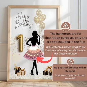 May include: A framed print with a gold frame features a silhouette of a girl wearing a crown and a skirt made of banknotes. Gold balloons and a number 1 balloon are also included. The words "Happy Birthday" are written at the top.